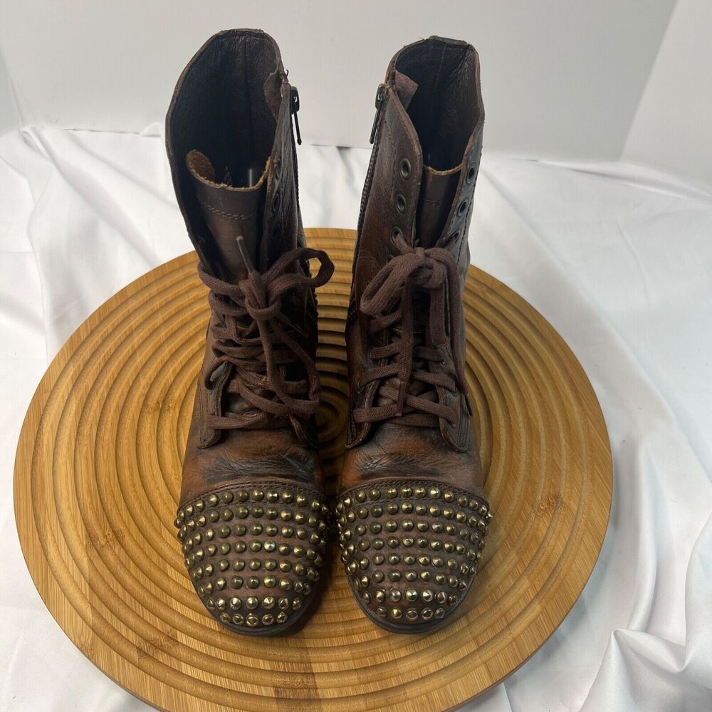 Steve Madden Leather Brown Gold Spike Studded Tarnney Combat Boots Size 7 M
